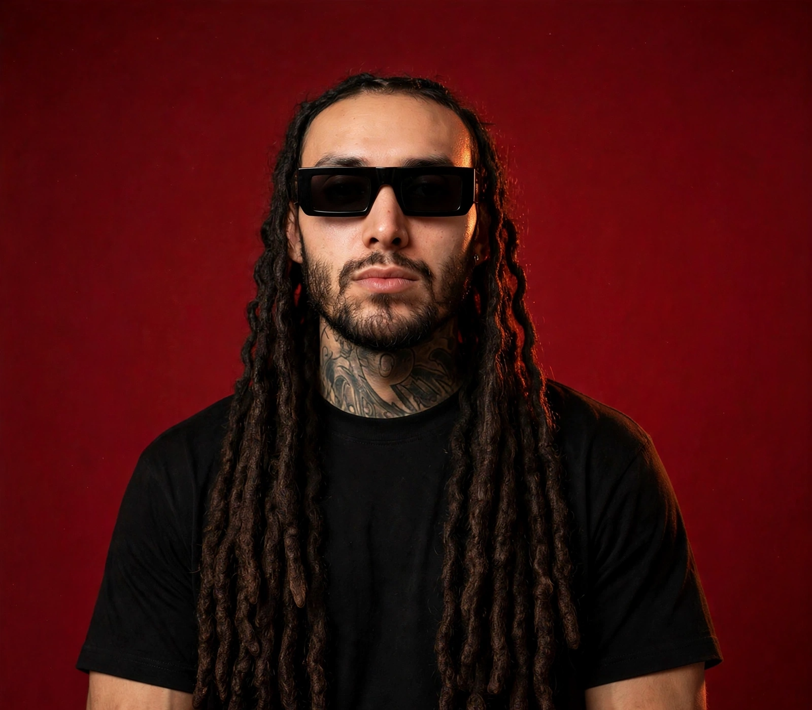 Kilohana in a black shirt and sunglasses against a deep red background